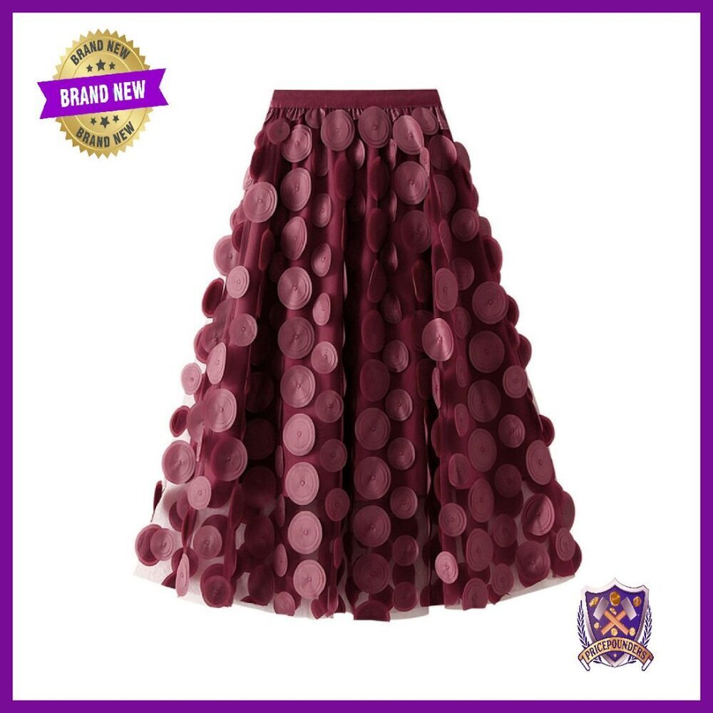 Women's 3D Polka Dot Tulle Midi Skirt Elastic Waist Flowy A-Line